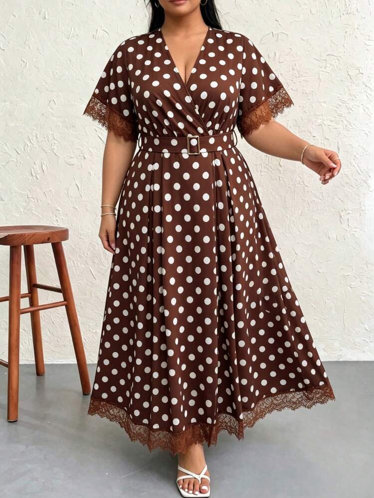 90s dress plus size Modelyn Women's Polka Dot Print Contrast Lace Short Sleeve Elegant Evening High Tea Brown Summer Color:Pale Pink flattering drape 27-05-2026 US DROP White Backless Long Knit