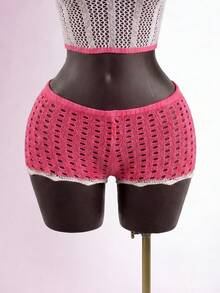 SaltGleam SaltGleam Ensemble 2 pièces sexy sexy tricot ajouré avec top camisole floral 3D et pantalon - Rose bonbon - Voir 5