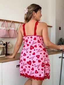 Slumberry CURVE Sweet Hot Girl Ins Heart Text Print Colorblock Lace Patchwork Fitted Mini Plus Size Women's Nightgown - Red - View 3