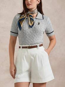 Briarwyn Women's Cartoon Bear Pattern Lapel Short Sleeve Knit Top Back-To-School School Grey Autumn Preppy - Light Grey - View 4