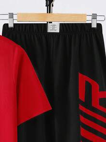 SHEIN 2件/套青少年男孩休閒極簡字母印花圓領套頭衫兩件套套裝，適合夏季、運動、跑步和外出 - 紅色 - 查看 6