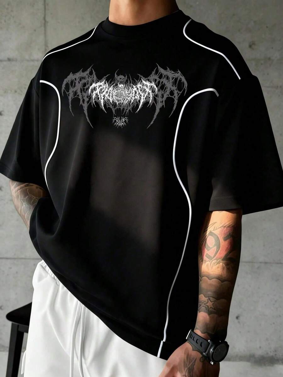 Sport MetroGents Men's Graphic Print Black Contrast Color Short Sleeve Fashion Sports T-Shirt, Gym - Black - View 1