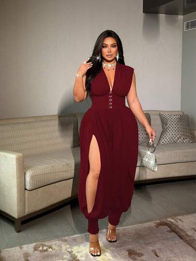 NU&NOW Plus Size Gothic Split Dark Sexy Waist-Cinched V-Neck Jumpsuit