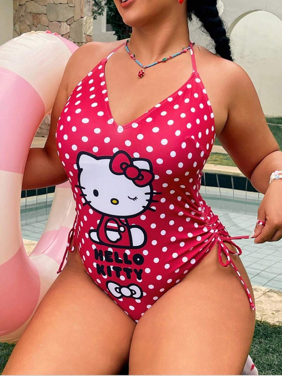 Swim Mod HELLO KITTY AND FRIENDS | SHEIN 2026 New Summer Beach Vacation Cute 1920s Sweet Red Polka Dot Pattern Halter Neck Design Plus Size One-Piece Swimsuit - Multicolor - View 1