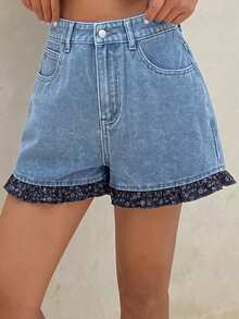 DAZY Shorts vaqueros de mujer con parches florales - Azul - Ver 3