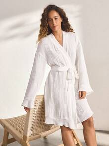 Ocili Comfortable Cotton Soft Mesh Double-Layer Robe Sleepwear For Women, Frill Trim Long Robe - White - View 3