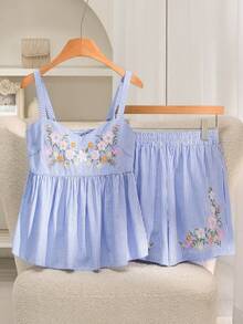 Story & Sage Setelan 2 Potong Wanita Gaya Boho Kasual untuk Liburan di Rumah, Musim Semi dan Musim Panas, Atasan Camisole Bordir dan Celana Pendek Bergaris Biru dan Putih untuk Pantai - Blue and White - View 4