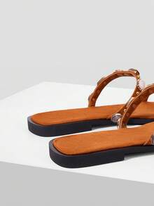 MOTF OUTDOOR WOMEN'S FLAT BOTTOM SQUARE TOE RHINESTONE SIMPLE SLIPPERS WOMEN THICK BOTTOM NON-SLIP OPEN-TOED CASUAL VERSATILE BEACH SLIPPER - Camel (fleece) - View 5