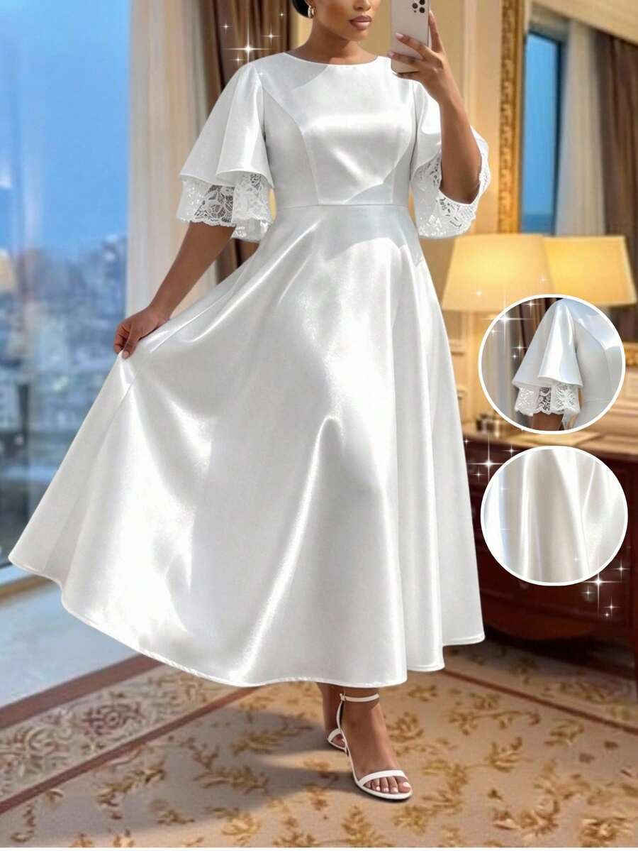 SHEIN Lady CURVE Plus Size Solid Color Round Neck Lace Patchwork Elegant Long Summer Dress Bridal Wedding Guest Formal Cocktail White Evening Party Wedding - White - View 1