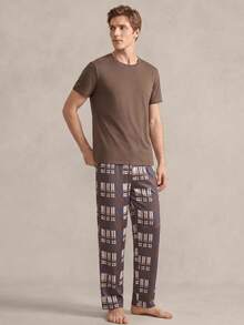 EverLounge Men's Solid Color Short Sleeve Top And Plaid Long Pants Loungewear Set - Coffee Brown - View 3