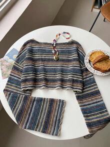SHEIN EZwear 大尺碼女款條紋拼色休閒復古優雅百搭長袖T恤，適合日常穿著、秋季早午餐、生日與晚宴，藍色 - 藍色 - 查看 1