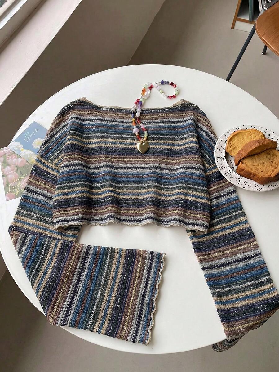 SHEIN EZwear 大尺碼女款條紋拼色休閒復古優雅百搭長袖T恤，適合日常穿著、秋季早午餐、生日與晚宴，藍色 - 藍色 - 查看 1