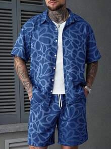 SLATEMANN Men's Plus Size Jacquard Denim Effect Short Sleeve Shirt And Shorts Set, Ceremony - Navy Blue - View 5