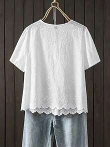 EMERY ROSE Plus Size Summer Casual Elegant Solid Color Floral Embroidered Shirt Evening Formal Dinner Allover White - White - View 2