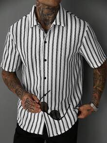 SLATEMANN Men's Black & White Textured Jacquard Striped Casual Holiday Short Sleeve Shirt - Black and White - View 1
