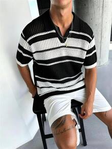Manfinity Homme 男士條紋拼接配色短袖度假休閒針織上衣 - 黑與白 - 查看 1