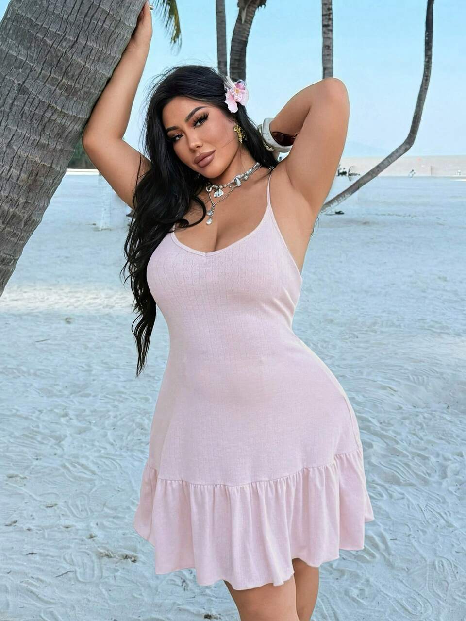 Dazy Plus Solid Color Spaghetti Strap Knit Pink Nightgown Plus Size Women Spring Summer Short Minimalist Sexy Sexy Loungewear Dress