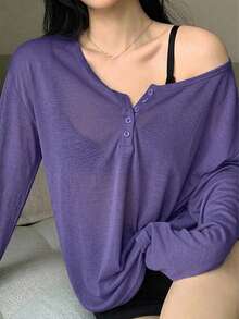 Dazy Plus Camiseta de manga larga con cuello redondo amplio y pechera semiabierta de color liso para primavera/verano - Morado Violeta - Ver 1