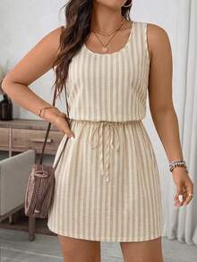 Comfylo Casual Simple Vintage Striped Pattern Print Plus Size Dress Suitable For Spring And Summer Suitable For Vacation - Multicolor - View 5