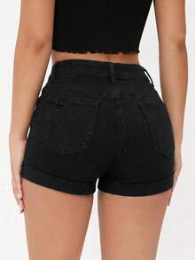 SHEIN PETITE 女款口袋鈕扣休閒百搭日常牛仔短褲，適合嬌小女性 - 黑色 - 查看 2