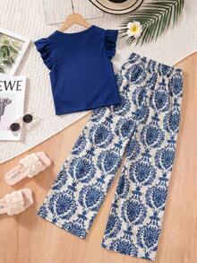 Conjunto para niñas con top de cuello redondo y mangas volantes de textura acanalada suave, combinado con pantalones de pierna ancha con estampado barroco de porcelana azul y blanca, mismo esquema de color para un aspecto de alta gama y armonioso, top corto + pantalones de cintura alta, crea fácilmente una proporción corporal 3:7, tono azul refrescante y brillante - Azul - Ver 2
