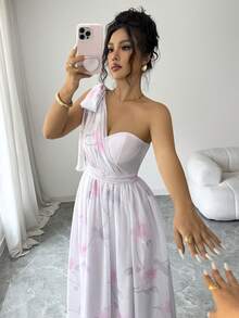 SHEIN Elenzya Urban Fashion Elegant Vacation New Women's Spring/Summer Pink Decorative Textured Fabric Short Sleeve Dress Suitable For Daily Wear, Wedding, Evening Party, Daily Commute, Graduation Party, Holiday Events, Vacation, Dating, Party, Halloween, Christmas, New Year, Thanksgiving, Wedding Women's Digital Print Dress - Pink - View 6