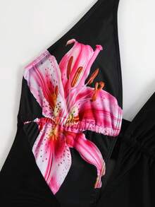 Swim Vcay 芙蓉花印花網格拼接深V低胸性感時尚連身泳衣 - 黑色 - 查看 5