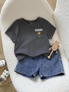SHEIN Playful Pals Baby Boy Toddler Casual Cute Dinosaur Outfit, Cartoon Print T-Shirt, Light Blue Denim Shorts, Suitable For Children's Daily Casual Wear Clothing Set, Boy Outfit, Autumn Boy Clothing, Suitable For 3-Year-Old Boy Clothing, Baby Boy Clothing, Autumn Baby Boy Clothing - Dark Grey - View 5