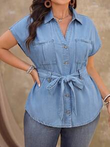 SHEIN Plus Size Women's Non-Stretch Denim Top , Cowboy For Women - Light Wash - View 6