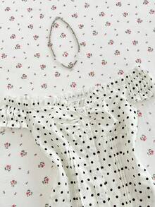 Mori Grove Mori Grove Women's Summer Apricot Polka Dot Off-Shoulder Ruffle Trim Fitted Striped Shirt - Apricot - View 5