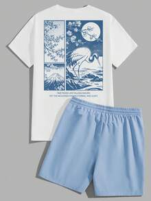 Torvinic Plus Size Casual Fashion Japanese Style Cherry Blossom & Mount Print Blue & White T-Shirt & Shorts Set - Multicolor - View 5