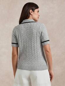 Briarwyn Women's Cartoon Bear Pattern Lapel Short Sleeve Knit Top Back-To-School School Grey Autumn Preppy - Light Grey - View 7