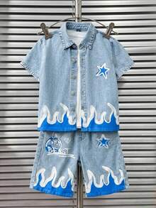 2Pcs Tween Boy Flame Star Pattern Light Blue Denim Loose-Fitting Shirt And Comfortable Denim Shorts - Blue - View 9