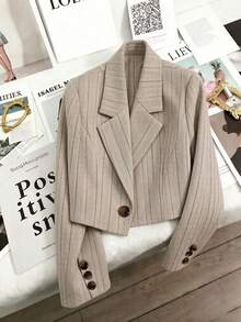 Franclia Blazer Wanita Musim Panas dan Gugur Bergaris Beige yang Chic, Jaket Kantor Lengan Panjang Pendek, Jaket Jas Formal Serbaguna untuk Perjalanan Kasual dan Wisuda - MultiWarna - View 3