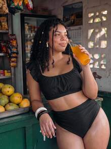 Swim Mod Plus Size Women's Summer Beach Solid Color Ruched Fashion Bikini Set Black - Black - View 6