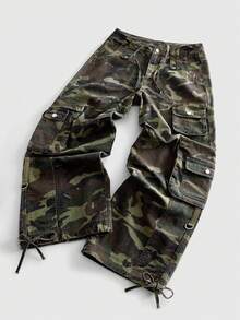 ROMWE MEN Grunge Punk 男士丹寧牛仔褲復古做舊迷彩工裝牛仔褲，附3D翻蓋大口袋、可調抽繩褲腳、寬鬆大腿版型，街頭高街風多口袋戶外工裝長褲，適合嘻哈、滑板、復古、戶外通勤 - 軍綠色 - 查看 1