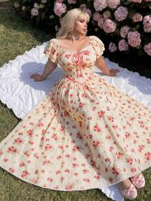 Lyrianda Plus Size Romantic Square Neck Waist Cinched A-Line Long Dress - Multicolor - View 3