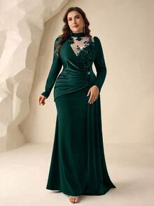 Coutiva Plus Size Mesh Patchwork Satin Front Panel Floral Applique Long Sleeve Formal Evening Gown (Intricate Design) Wedding Mint Green Winter Classy Elegant - Dark Green - View 1