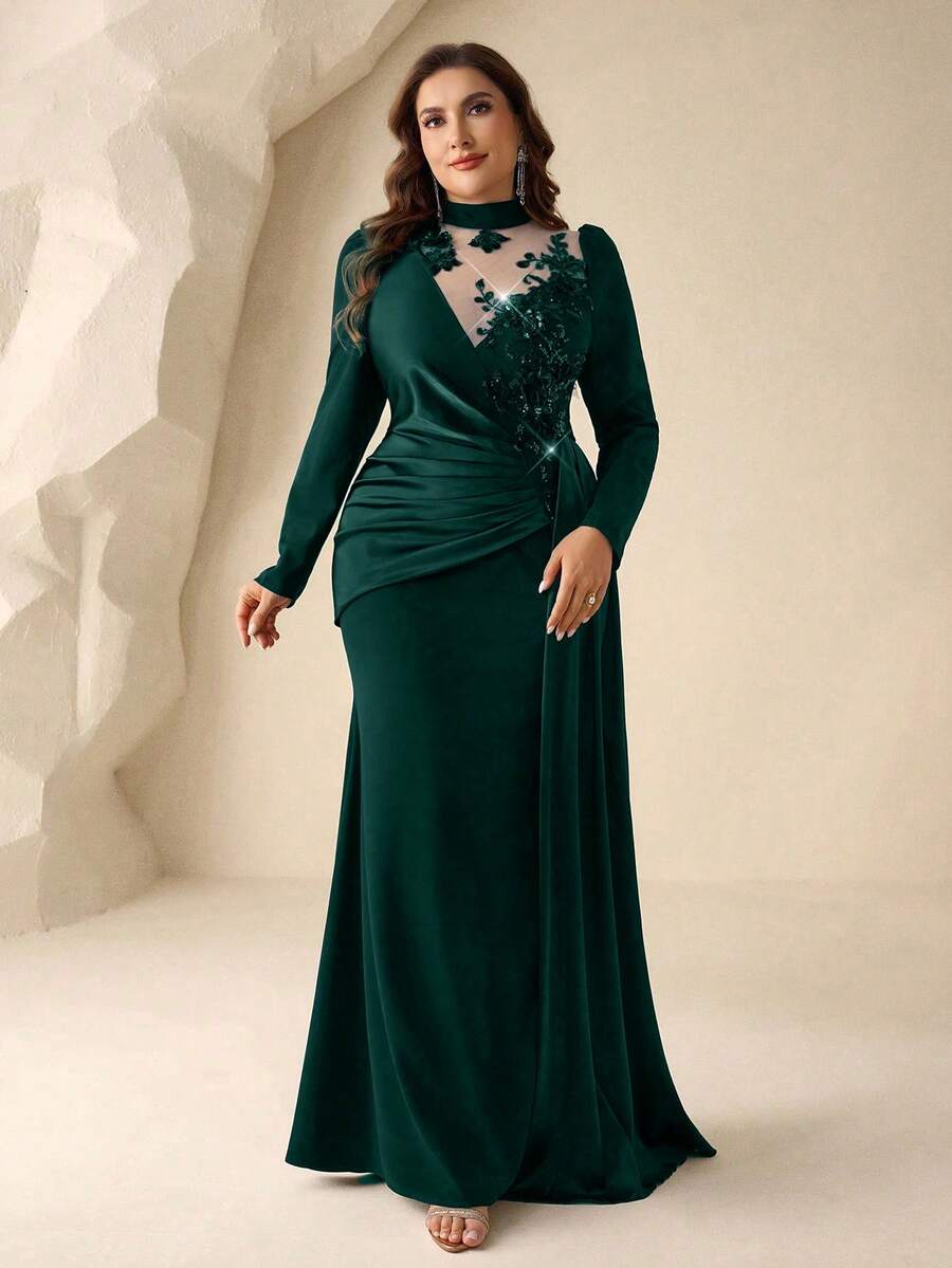 Coutiva Plus Size Mesh Patchwork Satin Front Panel Floral Applique Long Sleeve Formal Evening Gown (Intricate Design) Wedding Mint Green Winter Classy Elegant - Dark Green - View 1