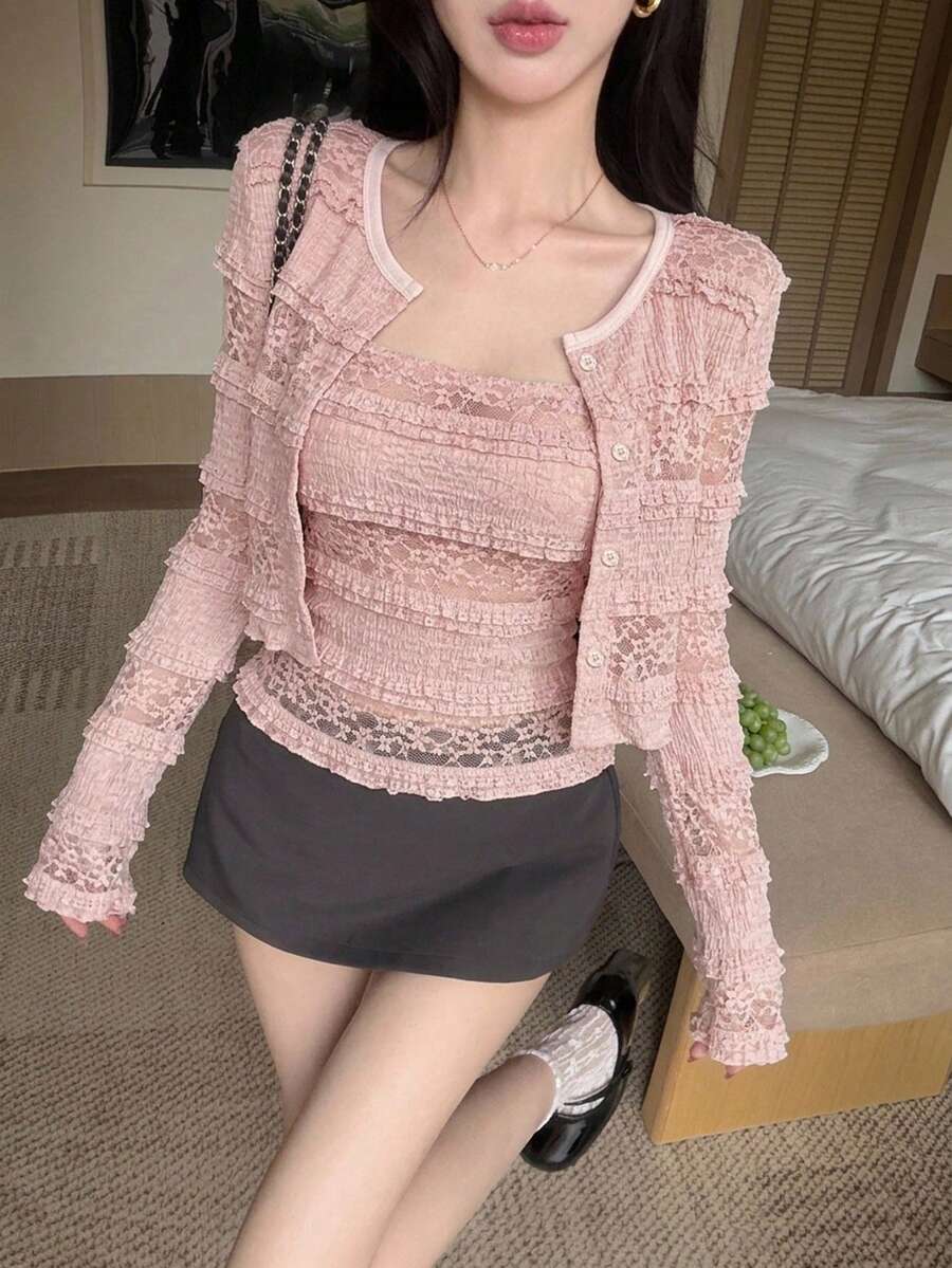 DAZY 春夏花卉蕾絲女版開襟衫與細肩帶上衣兩件組,粉色優雅通勤度假休閒婚禮長袖女款T恤 - 粉色 - 查看 1