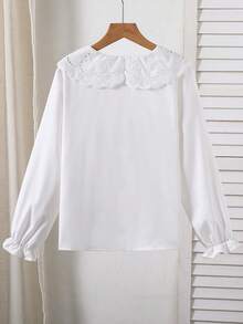 SHEIN Vintaside Kids 女童優雅刺繡蕾絲花瓣領公主長袖鈕扣單排扣休閒時尚公主襯衫，適合學校、度假、旅行、生日派對、禮物、春季與秋季 - 白色 - 查看 2