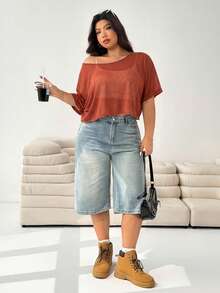 SHEIN EZwear 大尺碼女款素色不對稱肩休閒百搭日常穿搭T恤 - 紅色 - 查看 4