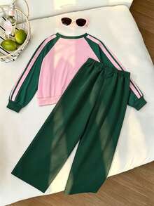 SHEIN Tween Girls New Fashion Grey Round Neck Long Sleeve Top With Wide Leg Pants Bow Decor 2pcs Set, Autumn/Winter - Green - View 4