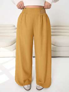 Solflare New Casual Loose Fit Plus Size Trousers, Linen Look Fabric, Elastic Waist With Gathered Detail, Mustard Yellow, Suitable For Outings, Holiday, Summer - Light Yellow - View 6