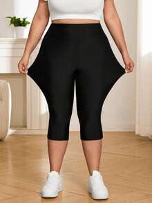 SHEIN CURVE+ Women's Super Soft Cropped Pants In Plus Size For Summer, Made Of Cool Fabric Cropped Pants Gym Brown - Black - View 7