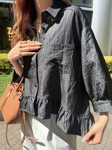 FRIFUL Women's 3/4 Sleeve Single-Breasted Ruffle Hem Pocket Shirt - Navy Blue - View 6