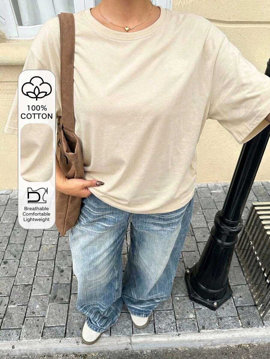 Dazy Plus 女款寬鬆大尺碼棕色休閒短袖T恤，字母印花圖案與圓領，春/夏 - 杏色 - 查看 1