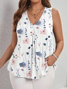 Comfylo Casual Versatile Daily Plus Size Floral Pattern V-Neck Pleated Casual Tank Top, Spring/Summer Style - Multicolor - View 1