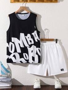 SHEIN 青少年男孩 2件套休閒運動字母印花黑色背心套裝，適合返校季春季穿著，適用春夏日常穿搭、運動、外出、上學、派對、節慶與拍照 - 黑與白 - 查看 3