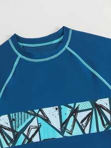 Boys Two Pieces Rash Guard Swimsuits Teen Boy Vacation Short Sleeve Sunsuit Swimwear Sets 12-16Y - Mint Blue - View 6